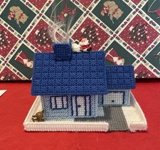 Vintage Handmade Plastic Canvas Yarn Blue House Christmas Village