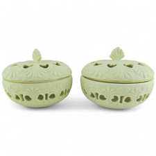 Pair Lenox Ivory Porcelain Potpourri Bowls Lidded Reticulated Gold Trim Floral