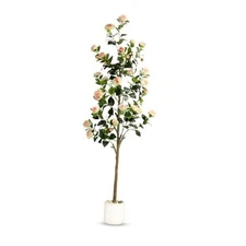 6FT Artificial Camellia Tree with Planter & Pebbles,Faux Flower Tree 6ft White