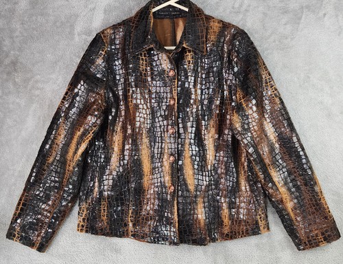 Robert Krugman Jacket Womens XL Brown Black Faux Leather Croc Embossed Vintage