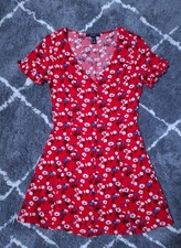 Forever 21 Red Ruffle Mini Floral Button-front Dress Size M Short Sleeve