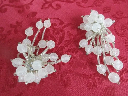 Vintage White Beaded Clusters Clip-on Earrings Costume Jewelry