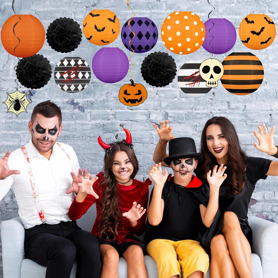  16 piezas decoraciones de Halloween linternas de papel pompones remolinos colgantes - diciembre aterrador Foto 4 de 4