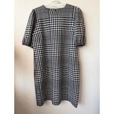 LOFT Black White Glen Plaid Shift Dress Short Puff Sleeve Knit Workwear Womens M