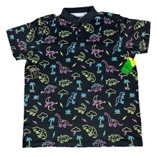 Tipsy Elves Mens 4XL Neon Dinosaur Golf Polo Shirt Black Graphic Print S/S
