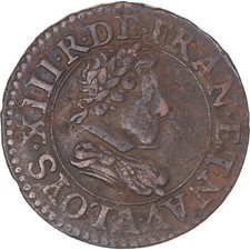 [#343178] Coin, France, Louis XIII, Double Tournois, 1621, Paris, VF, Cop, per