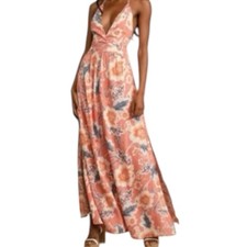 Lulus O’Neill Annalisa Coral Multi Floral Print Beachy Halter Maxi Dress Small