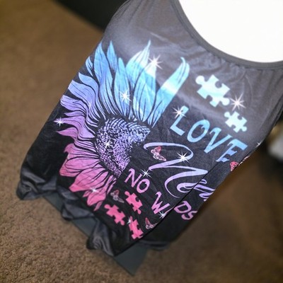 New Women's Love Needs No Words Autism Awareness Shredded Back Tank Top Size 0XL