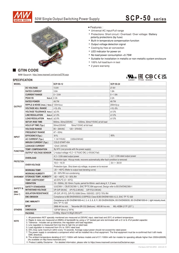 Alimentatore Mean Well SCP-50-12 volt Led 230 con Caricabatterie Piombo Bentel - Immagine 2 di 4