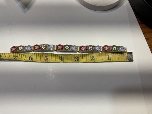 Micro Mosaic 5-Panel Floral Bracelet Glass Tiles Red Green Blue Gold Tone 7.5” - Picture 9 of 10