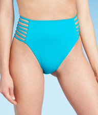 NWT Shade  Shore Women's High Waist Extra Cheeky Bikini Bottom, Bright Blue, S