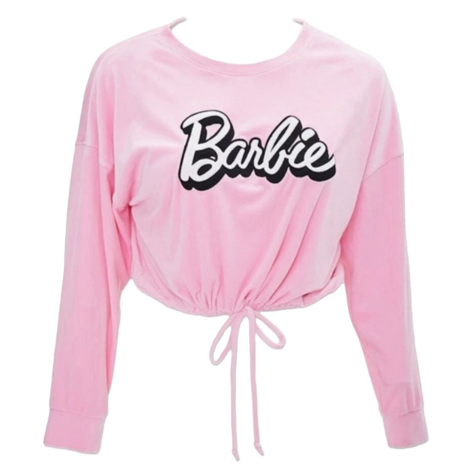 Forever 21 Women's Embroidered Barbie Crop Top in Pink/White