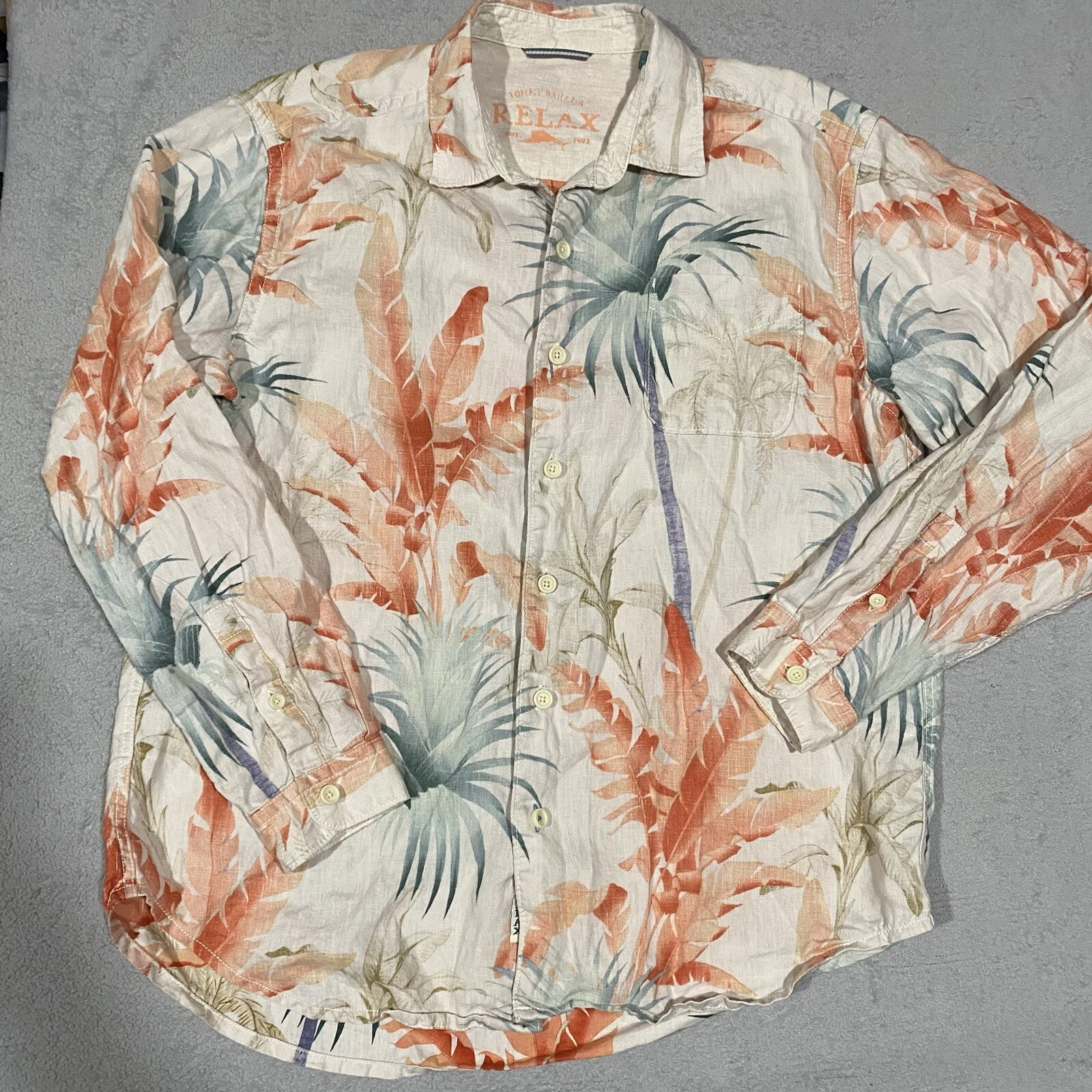 Tommy Bahama Linen Shirt Men Large Multicolor Palms Aloha Hawaiian Coastal Relax