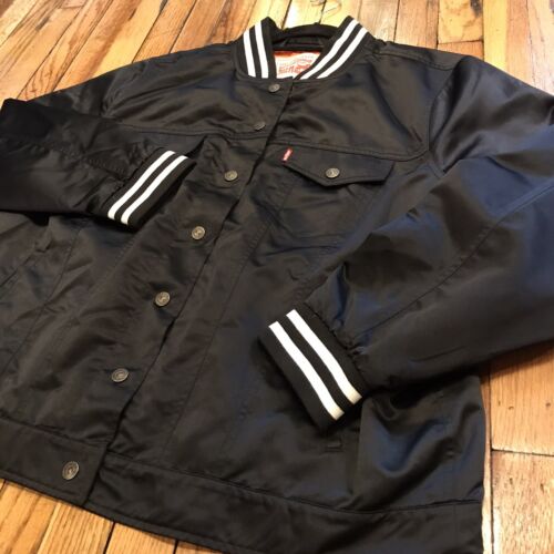 LEVI’S Satin Varsity Trucker Jacket •Black Orange • Sz 2X • Bomber Stripes Levis