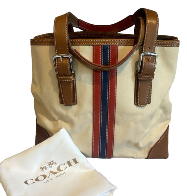 バッグ COACH Breaker Tan Leather & Cream Canvas VTG COACH Tan-Red/Blue Stripe Canvas & Leather Satchel Med