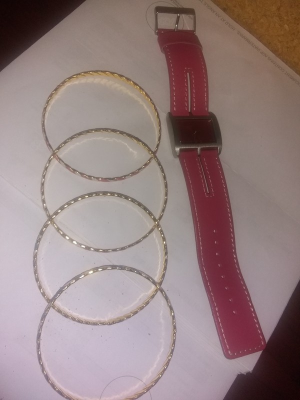 Watch and Bracelet Set of 4 bangles Pink and Silver Preowned