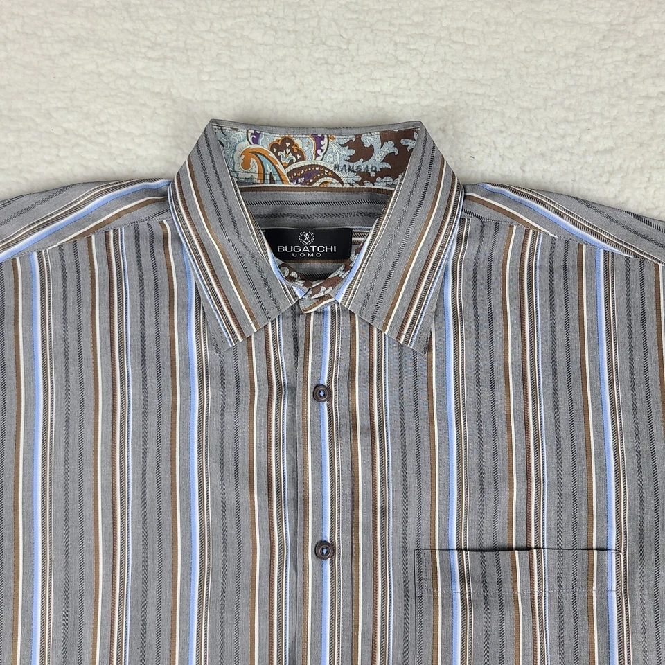 Bugatchi Uomo платье рубашка мужская XL коричневый серый в полоску на пуговицах - Изображение 3 из 4