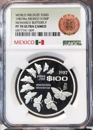 1987 MEXICO SILVER 100 PESOS MONARCH BUTTERFLY NGC PF 70 ULTRA CAMEO RARE
