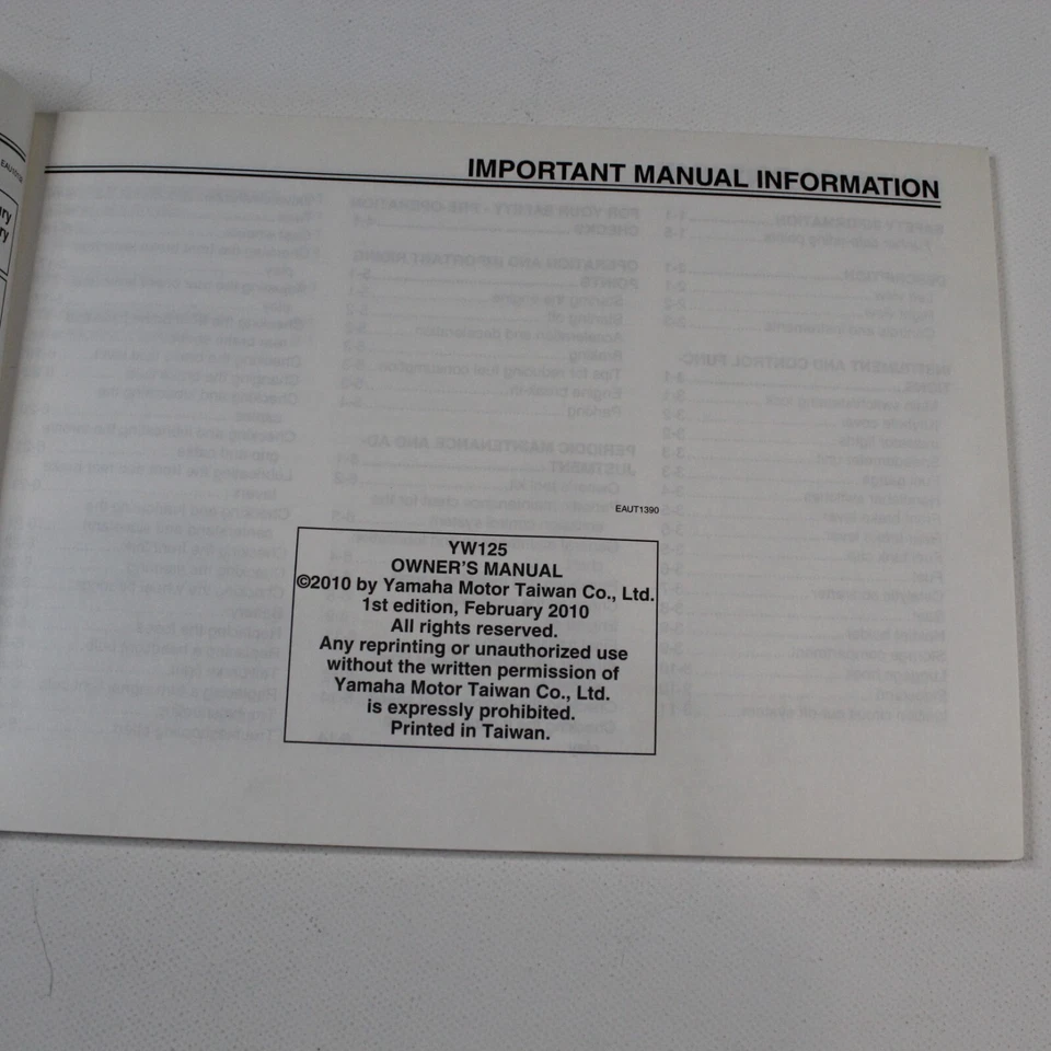 Genuine 2010 YAMAHA BWS 125 BW'S YW 125 English Owners Manual 1CEF8199E0 / 1CXF8 - Image 3 of 4