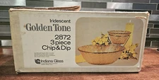 Vintage Indiana Glass Iridescent Golden Tone 2872 3 Piece Chip And Dip Set W/box