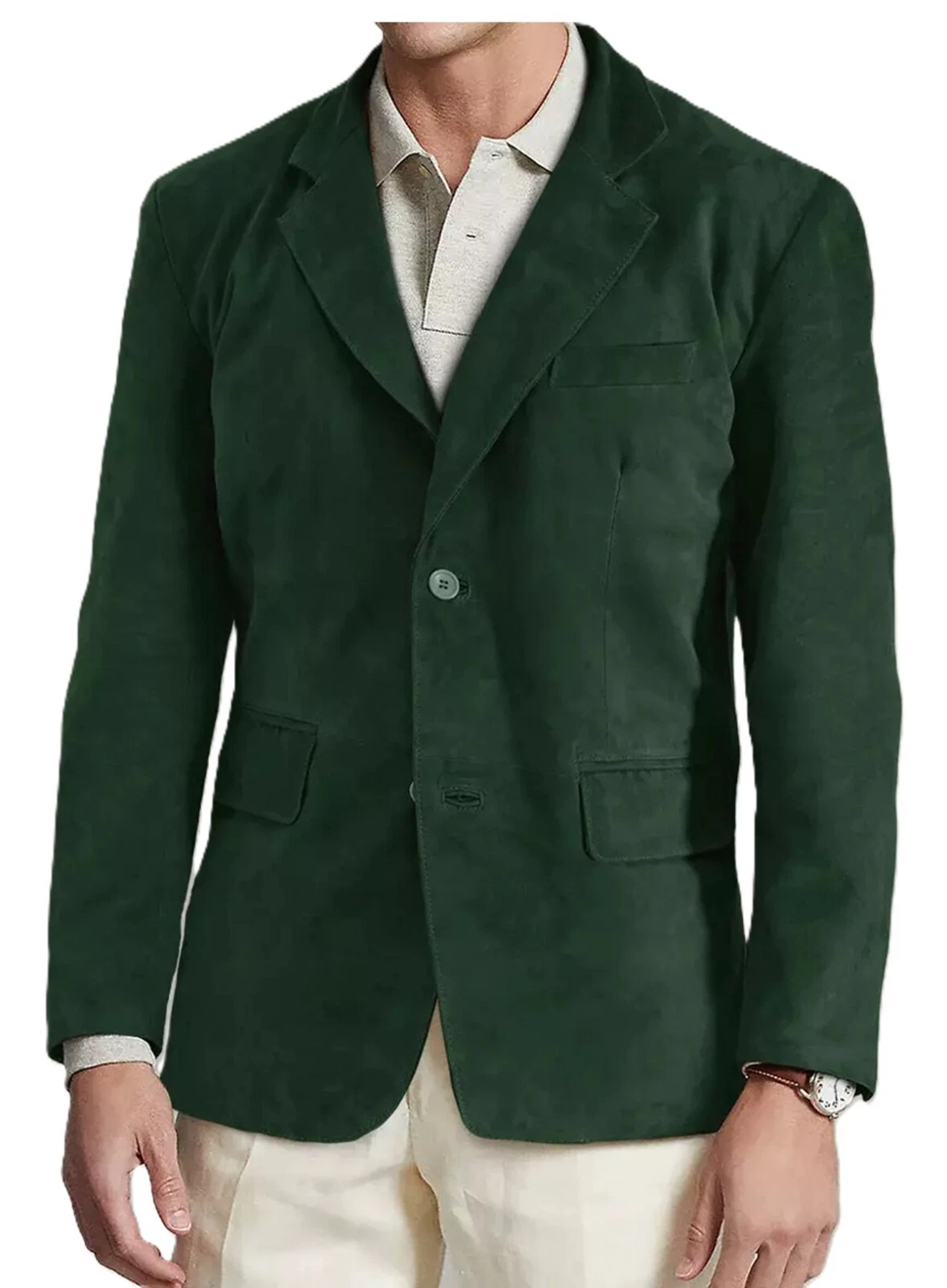 Men Pure Suede Green Leather Blazer 2 Button Coat Jacket Size S M L XL XXL 3XL