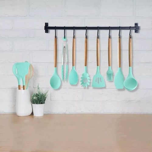 Silicone Utensils Set Wooden Cooking Kitchen Baking BPA Free Cookware Gift 12PCS - Picture 5 of 6
