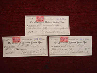 PHOENXVILLE,PA - FARMERS & MECHANICS NAT'L BANK - 3 PCS VINTAGE PERSONAL CHECKS