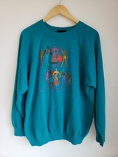 Vintage Laurel-Burch Art Of Human Being Teal Sweatshirt Womens Large