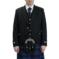 Men's Scottish Argyle Jacket With Vest Black Wool Wedding Argyle Kilt Jacket