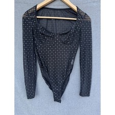 Black Polka Dot Mesh Bodysuit Size 6 M Sheer Long Sleeve Body Top