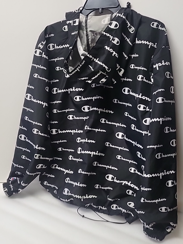 Champion Windbreaker Hoodie Jacket Men’s Medium All Over Print Script Logo Black - Picture 7 of 8