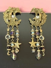 Art Nouveau Style Moon Fairy Star Celestial Earrings Crystal Glass Beads Dangle