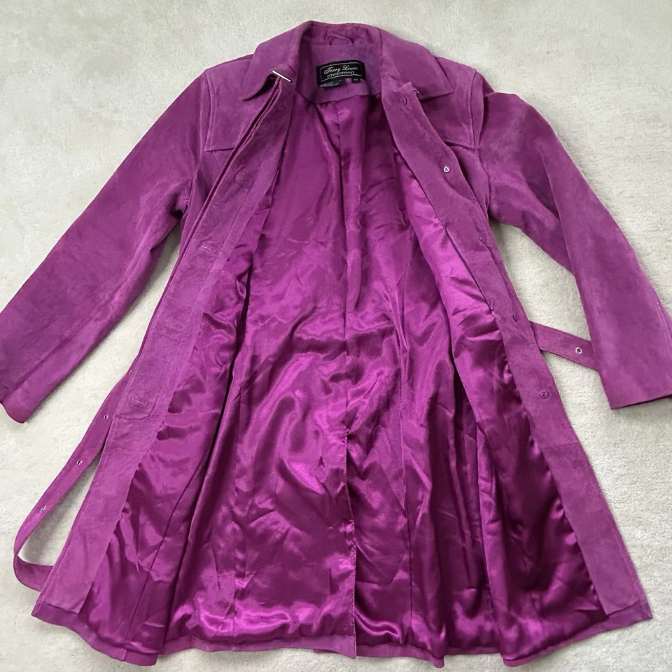 Vintage Y2K Terry Lewis Purple Suede Leather Trench Coat Women’s XS Belted - Image 3 of 4