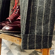 Men's British Woolen Striped Straight Pants Mix Warm Retro Herringbone Trousers