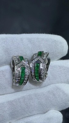 Aretes Únicos Franceses De Oro Blanco 18k Con Esmeraldas Verdes Y Diamantes