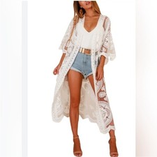 White Lace Kimono Cardigan Duster Beach Cover Up Boho Maxi Sheer