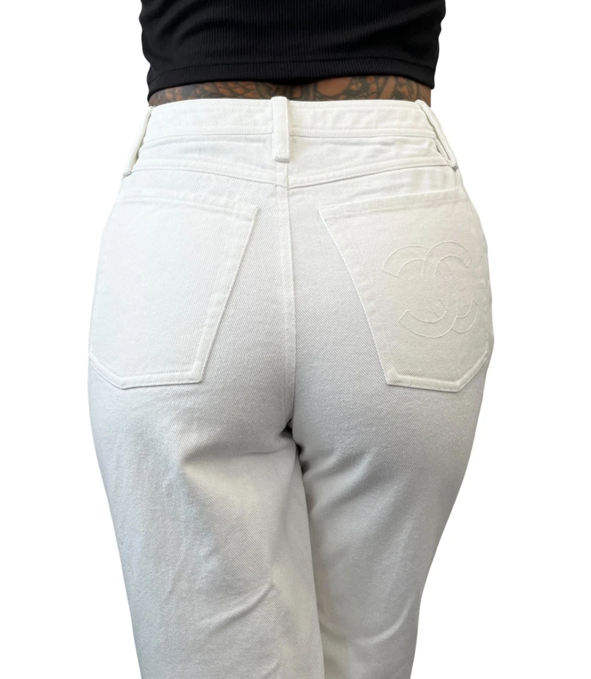 CHANEL Vintage 97C CC Logo Denim Pants #38 White Silver Cotton Stitch Pocket - Image 4 of 4