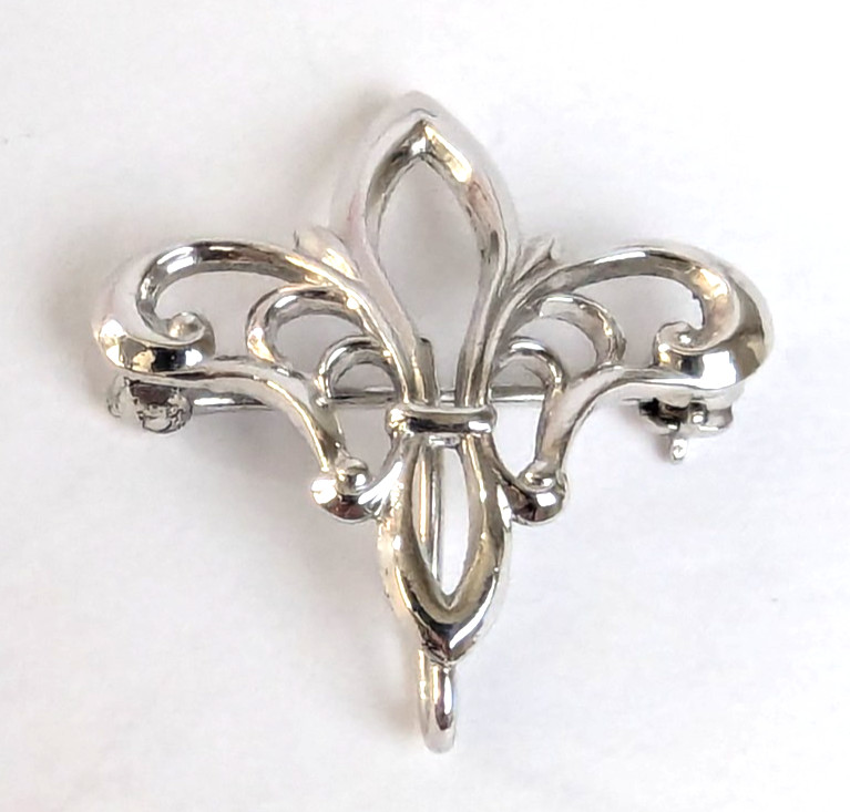 Vintage 12k White Gold Filled Fleur de Lis WATCH or LOCKET  Holder Pin Brooch