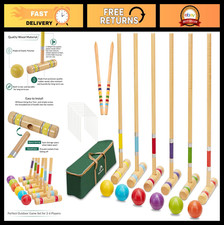 Six Player Croquet Set - Premium Rubber Mallets, Colored Balls, Wickets Stakes
