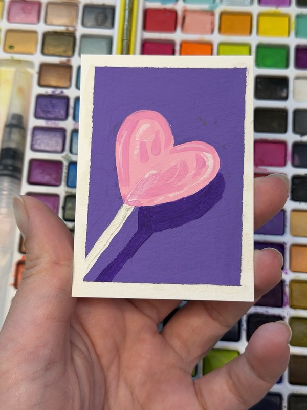 ACEO Original Watercolor Painting 2.5x3.5in/ Pink Heart Lollipop/ Mini art
