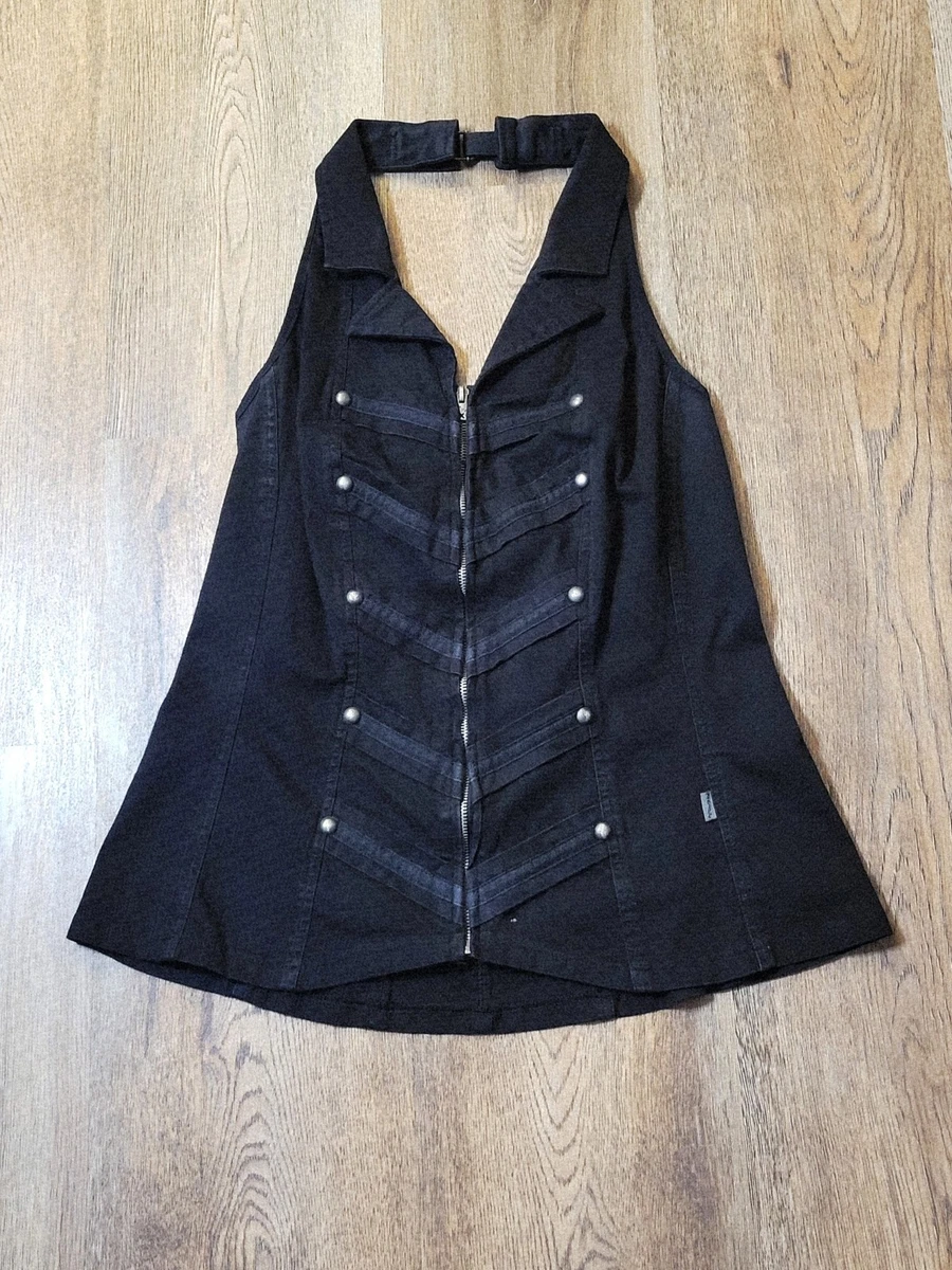 Tripp NYC Halter Top Womens Sz 2 Zip Front Adjustable Neck Waist Studded Goth