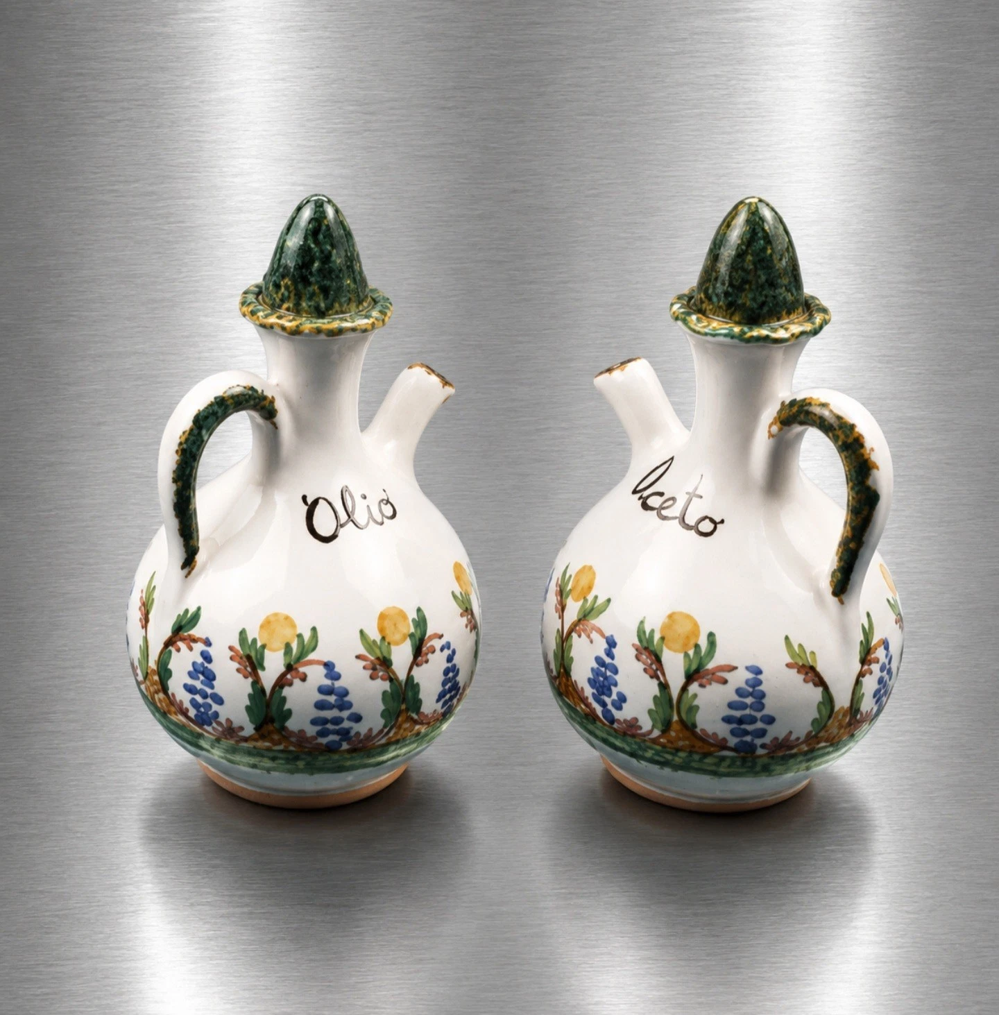 Vtg LA MAGA S Stefano C Hand Painted Ceramic Oil & Vinegar Cruet, 6"H,