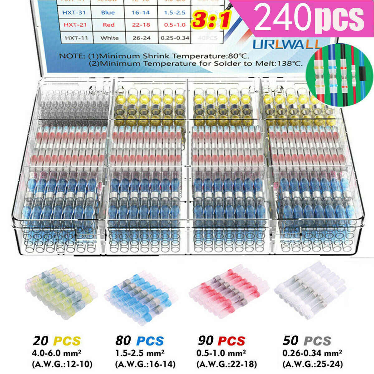 240Pcs Solder Seal Wire Connectors Kit, Heat Shrinkable Butt