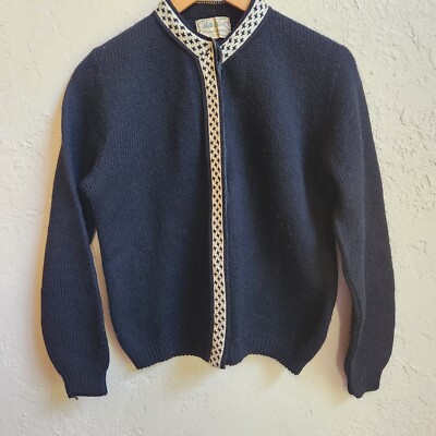 Vtg Bulk E Knit Olympic Original Cardigan Sweater Large Black 100% Wool 1950's