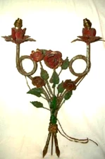 1930s FRENCH TOLE SCONCE LAMP ROSES ITALIAN STYLE TOLEWARE ORIGINAL PAINT