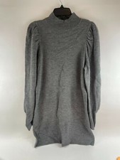Wayf Sweater Dress Women's Size Medium Gray Puff Sleeve Knee Length Ribbed Edges