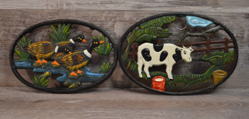 Lot of 2 Country Cow & Mallard Hunting Ducks Design Cast Iron Tea Coffee Trivet - Picture 1 of 6