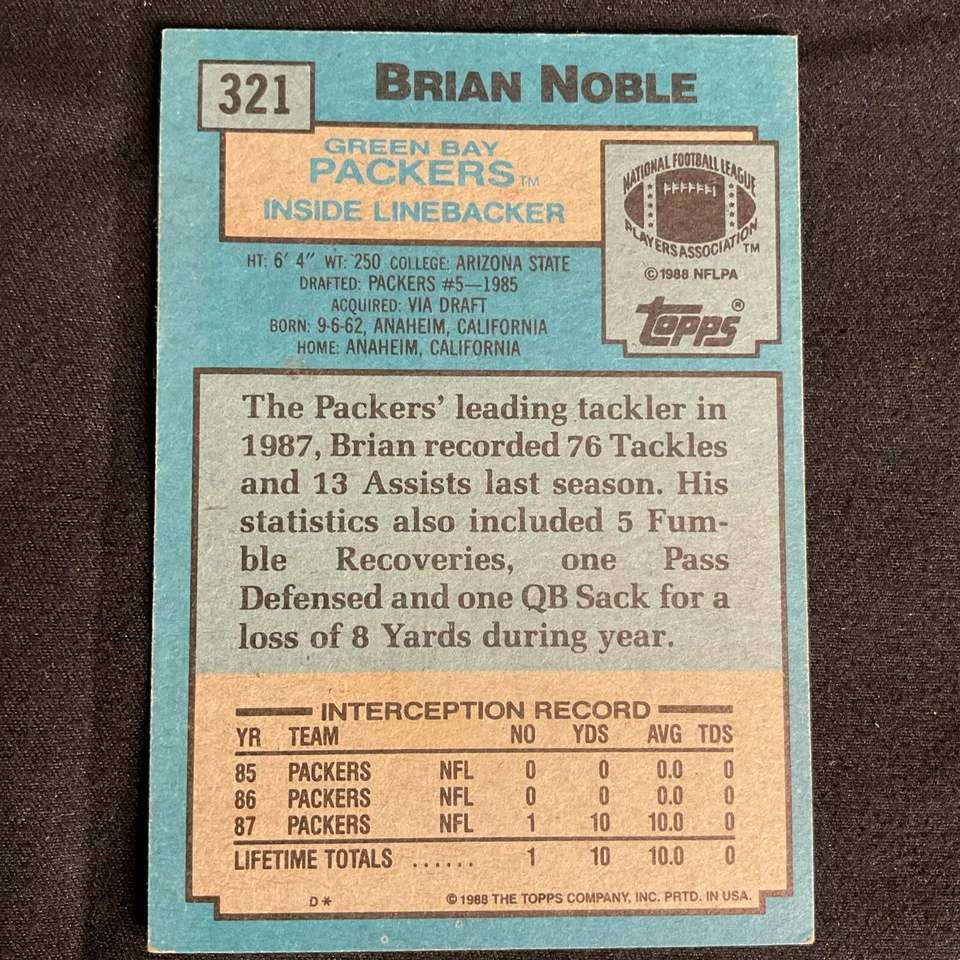 Brian Noble 1988 Topps #321 Green Bay Packers Signed Auto Autographed Card - Image 2 of 4
