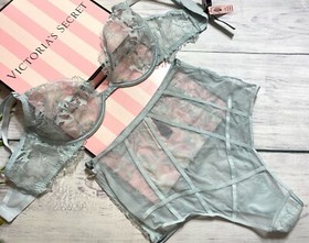 Victorias Secret LUXE LINGERIE Unlined Demi Bra High Waist Panty Set Dusty Blue 
