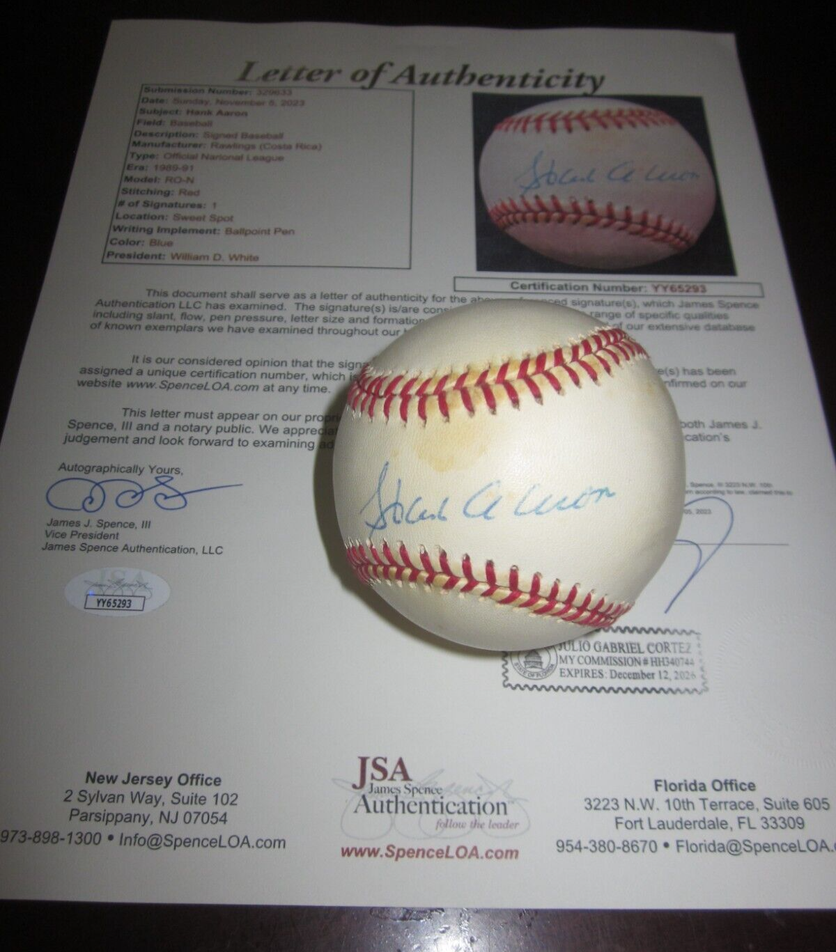 Hank Aaron Autographed Signed Baseball Official NL Ball - JSA Cert 